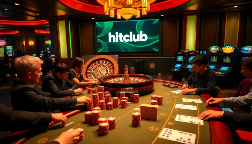 Hitclub players enjoy a thrilling poker game amid a luxurious casino atmosphere.