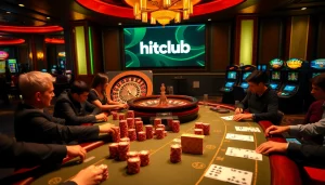 Hitclub players enjoy a thrilling poker game amid a luxurious casino atmosphere.