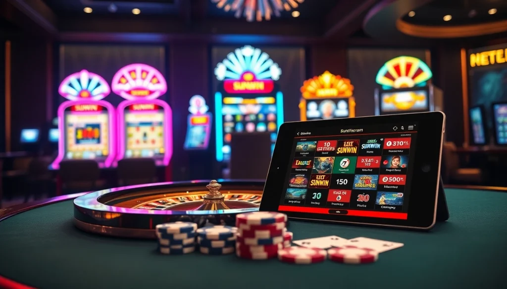Experience thrilling gameplay at Sunwin's vibrant casino with roulette, slots, and poker elements.