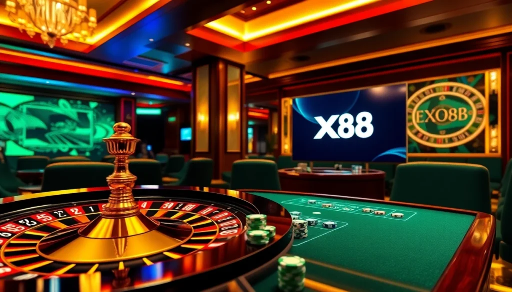 Experience thrilling online gambling at https://xx88.nl/ with vibrant casino tables and poker chips.