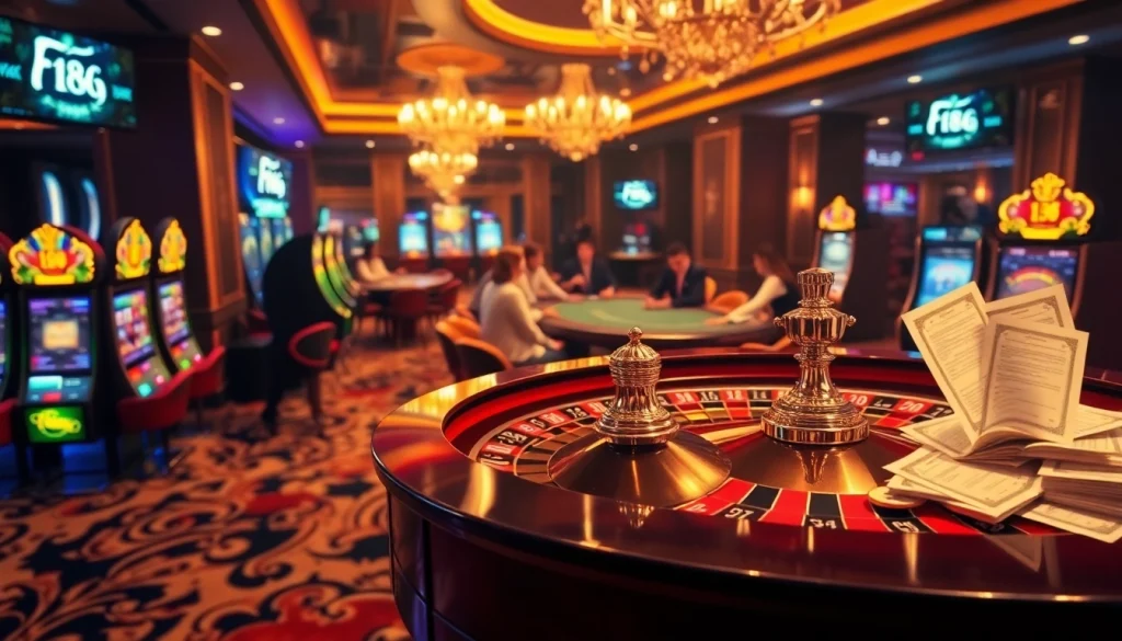 Experience the thrill of F168 at a luxurious casino with vibrant slot machines and roulette.