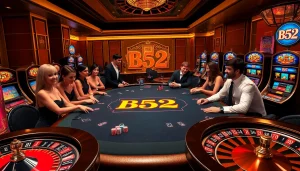 Engage in the excitement of B52-themed poker surrounded by luxurious casino tables and vibrant gaming action.