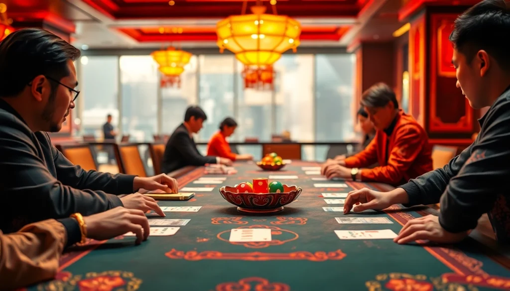 Xóc đĩa players engaging in a traditional gambling game with vibrant atmosphere and luxurious decor.