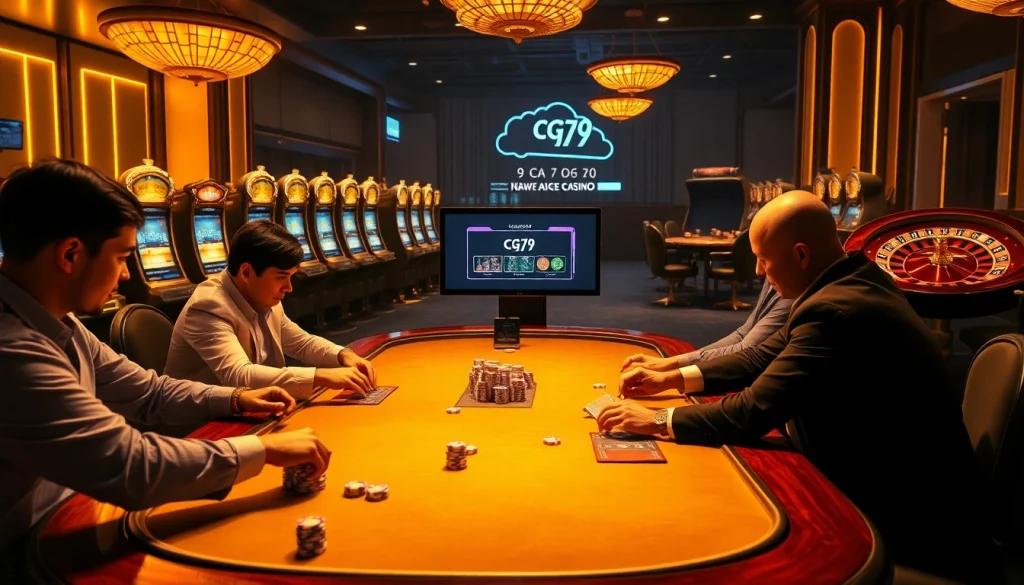 Người chơi thưởng thức một trò chơi bài chiến lược với ứng dụng cg79 tại bàn casino sang trọng.