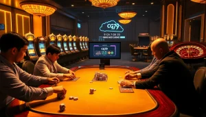 Người chơi thưởng thức một trò chơi bài chiến lược với ứng dụng cg79 tại bàn casino sang trọng.