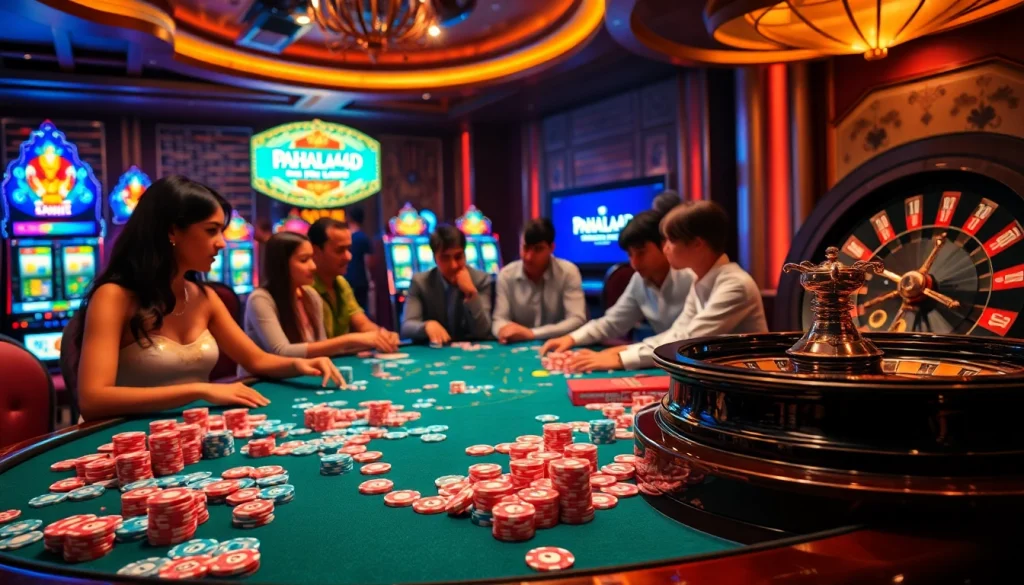 Players enjoying exciting games at pahala4d’s luxurious casino tables with vibrant poker chips.