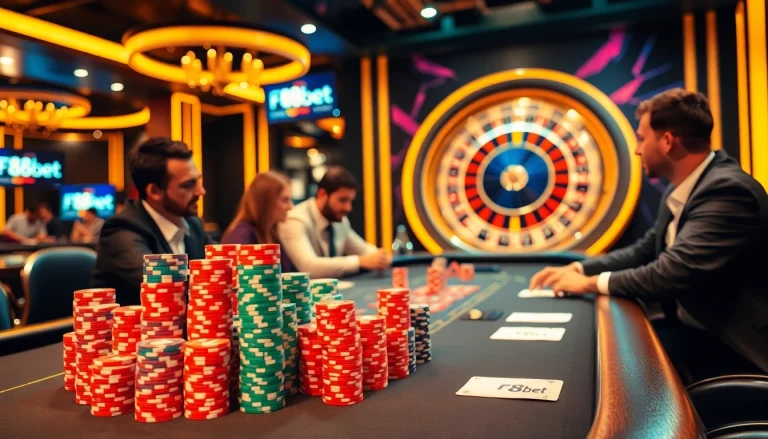 Players enjoying high-stakes poker at F8bet's luxurious casino table, highlighted by vibrant colors and excitement.