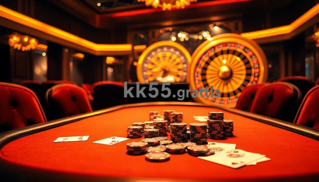 Experience thrilling gaming moments at kk55.gratis with vibrant poker chips and a spinning roulette wheel.