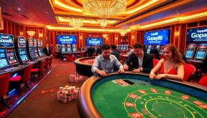 Players enjoy thrilling games at Gopay88 casino, complete with vibrant tables and lively atmosphere.