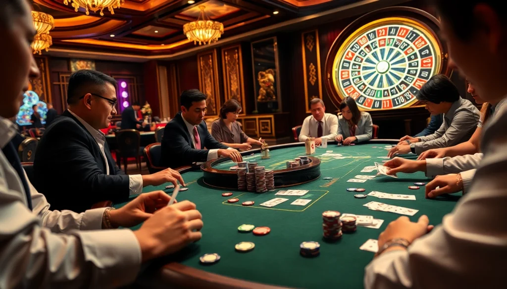 Players engaging in high-stakes poker at Nhà cái ABC8, showcasing excitement and luxury in a vibrant casino setting.