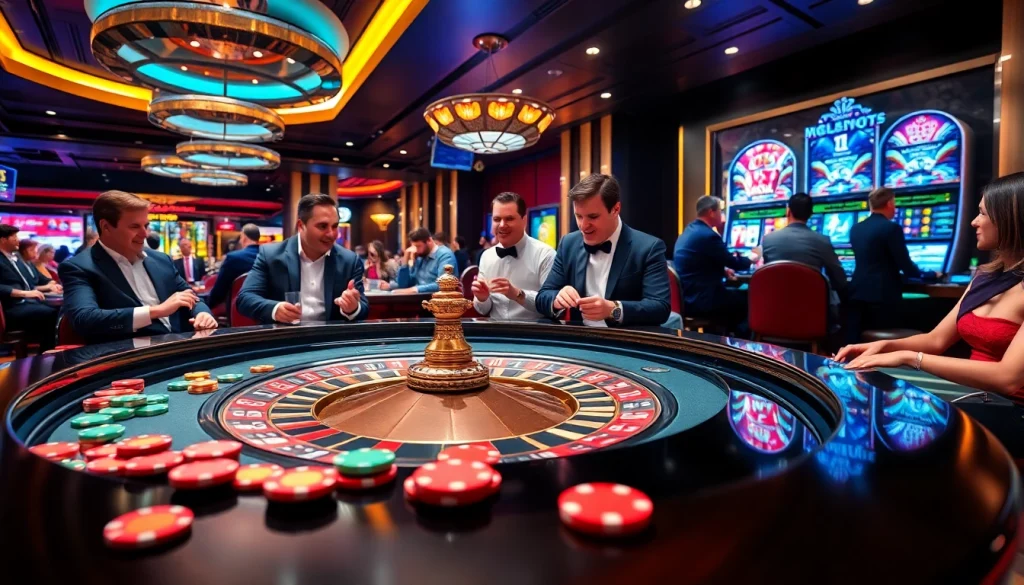 Exciting gaming scene featuring poker and roulette tables at https://keobongda2.vip/ casino, showcasing luxury and thrilling stakes.