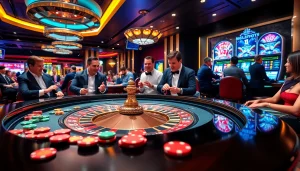 Exciting gaming scene featuring poker and roulette tables at https://keobongda2.vip/ casino, showcasing luxury and thrilling stakes.