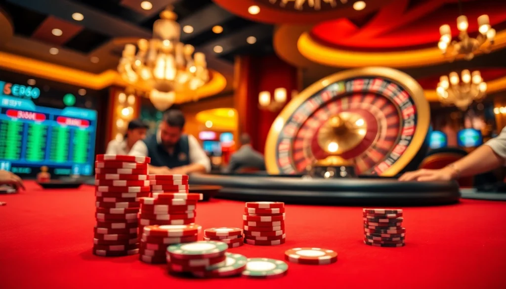 EE88 casino scene with vibrant poker chips and spinning roulette wheel.
