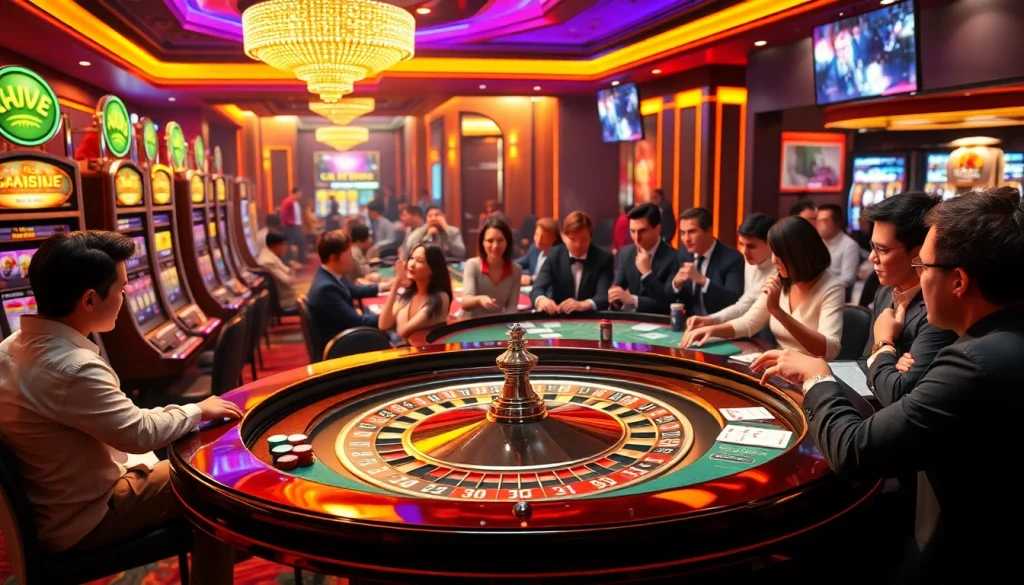 Players engaging in exciting casino games at new88, showcasing roulette and slot machines in a luxurious environment.