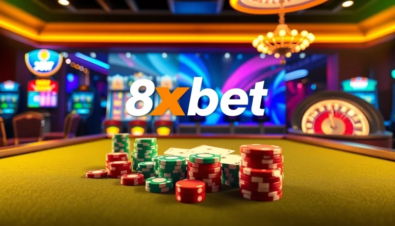 Experience the thrill of 8xbet with dynamic gaming visuals featuring casino tables, slot machines, and roulette wheels.