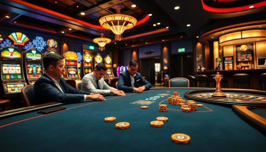 Experience the excitement of OPEN88 at a luxurious casino poker table with players engaged in high-stakes action.