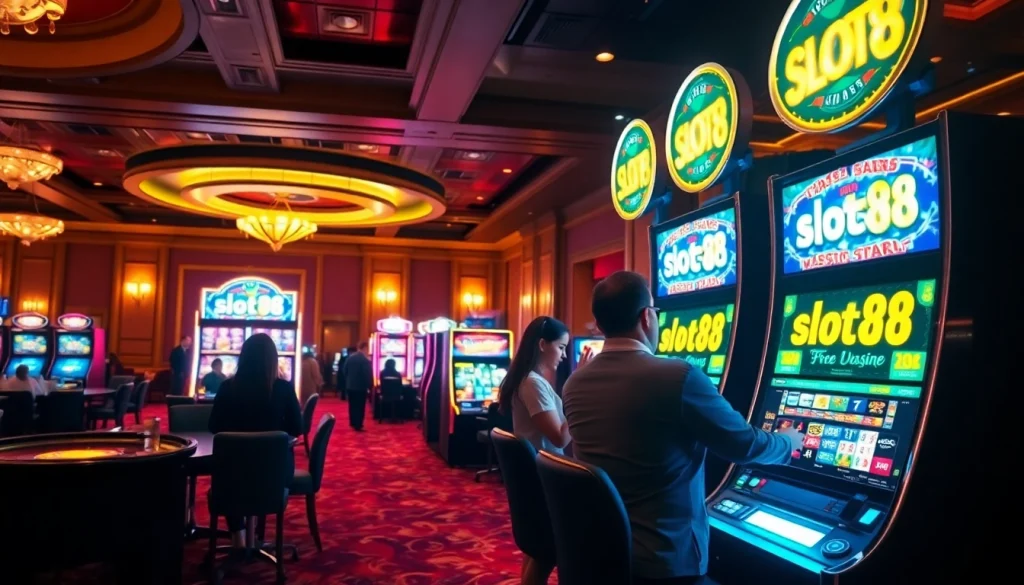 Players enjoy the exhilarating slot88 machines in a vibrant casino setting.