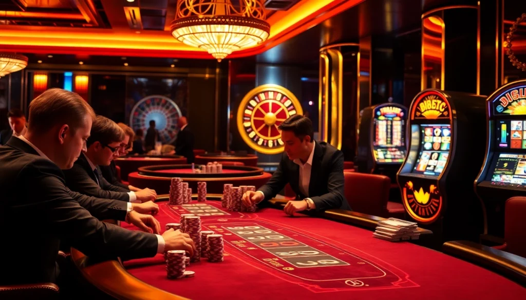 Exciting gameplay at b52 club, featuring high-stakes poker with vibrant chips and a roulette wheel.