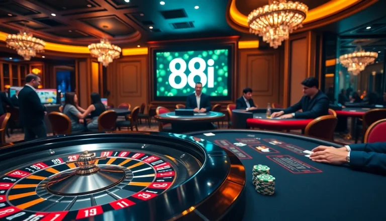 Experience the thrill of gaming at 88i with poker tables and vibrant casino lights.