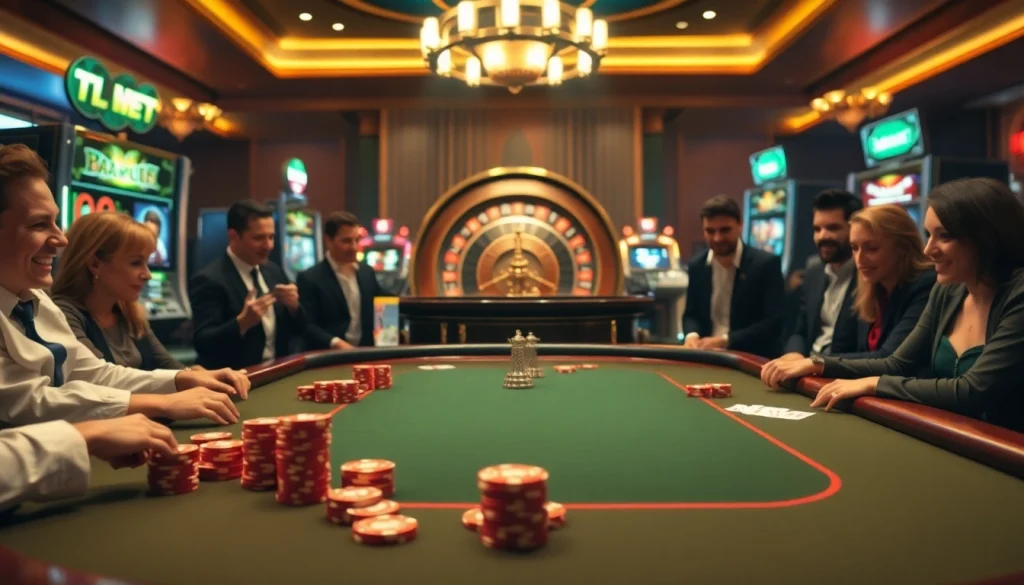 Excited players enjoying a vibrant casino atmosphere with soibet gaming tables and thrilling slot machines.