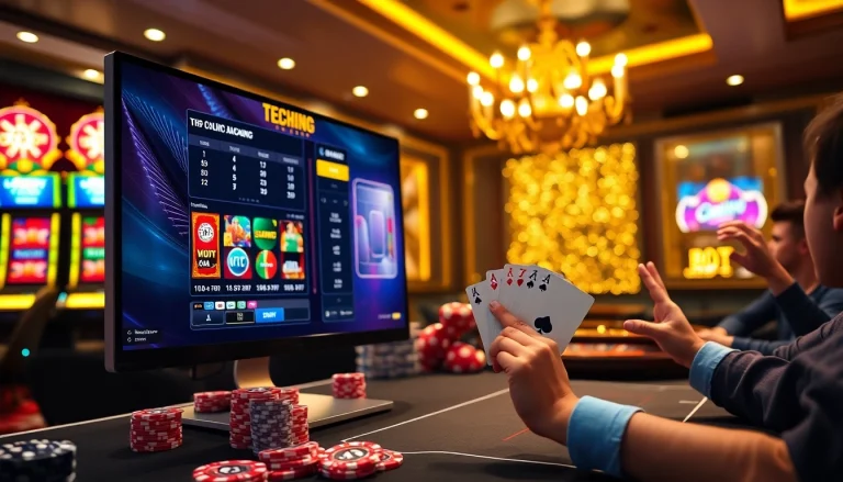 Players engaging in thrilling online casino games at https://tr88.work/, showcasing vibrant slot machines and poker chips.