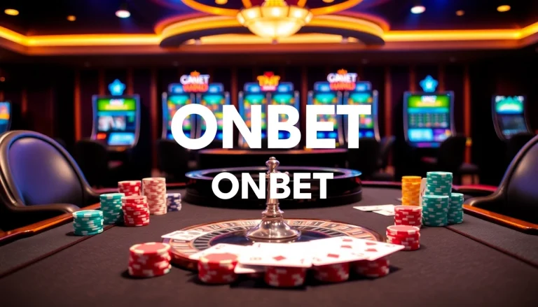 Experience the thrill of ONBET gambling at a vibrant online casino table with poker chips and cards.