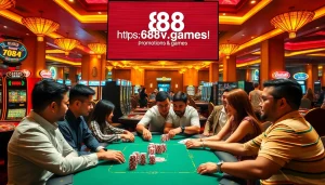 Experience the excitement of gambling at https://688v.games/ with vibrant casino tables and players engaged in action.