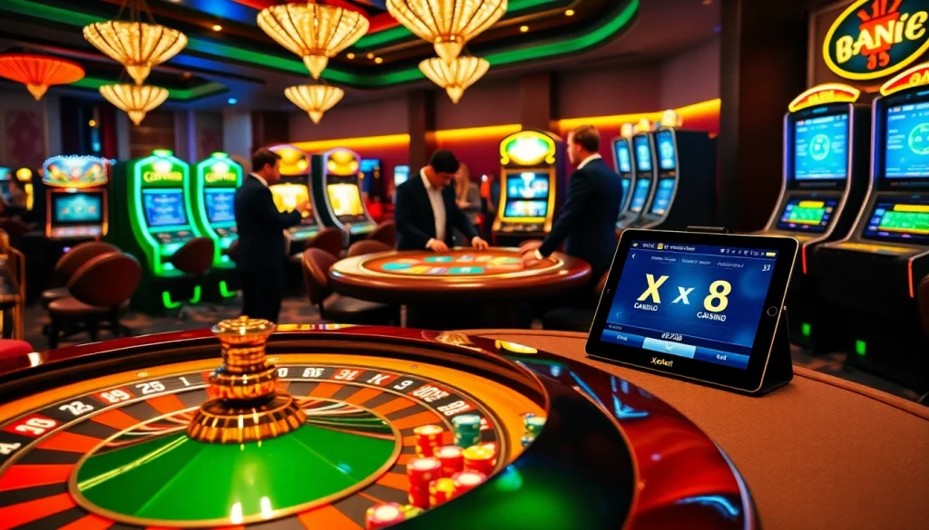 Engaged players enjoying a game of poker at the vibrant XX88 casino with illuminated slot machines.
