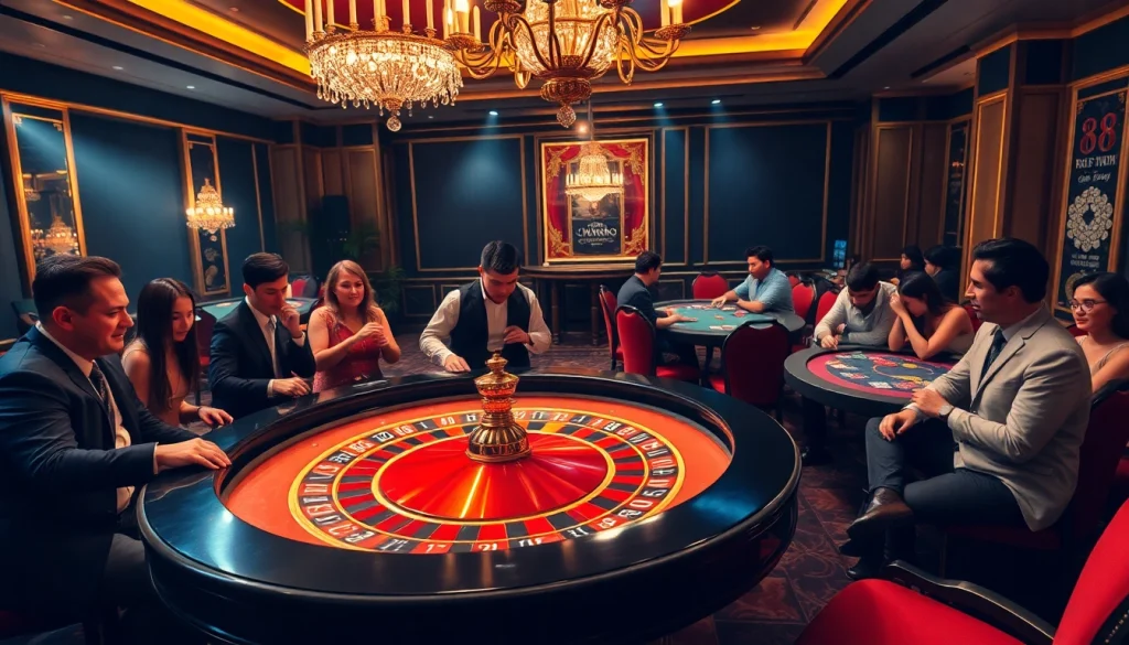 Engaged players at a DH88-themed roulette table, highlighting a luxurious casino atmosphere.
