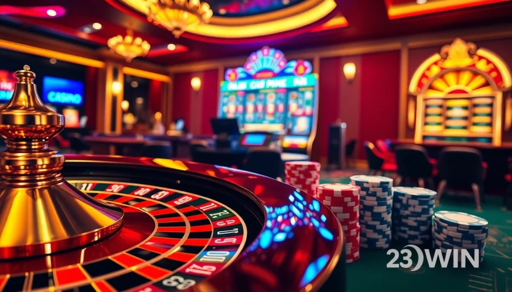 Experience thrilling gameplay at 23wini.online with vibrant casino elements like a roulette wheel and poker chips.