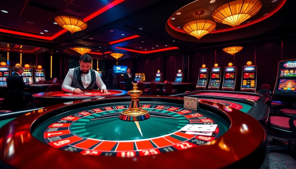 Engaging EK333 players with a vibrant casino scene featuring poker games and roulette tables.