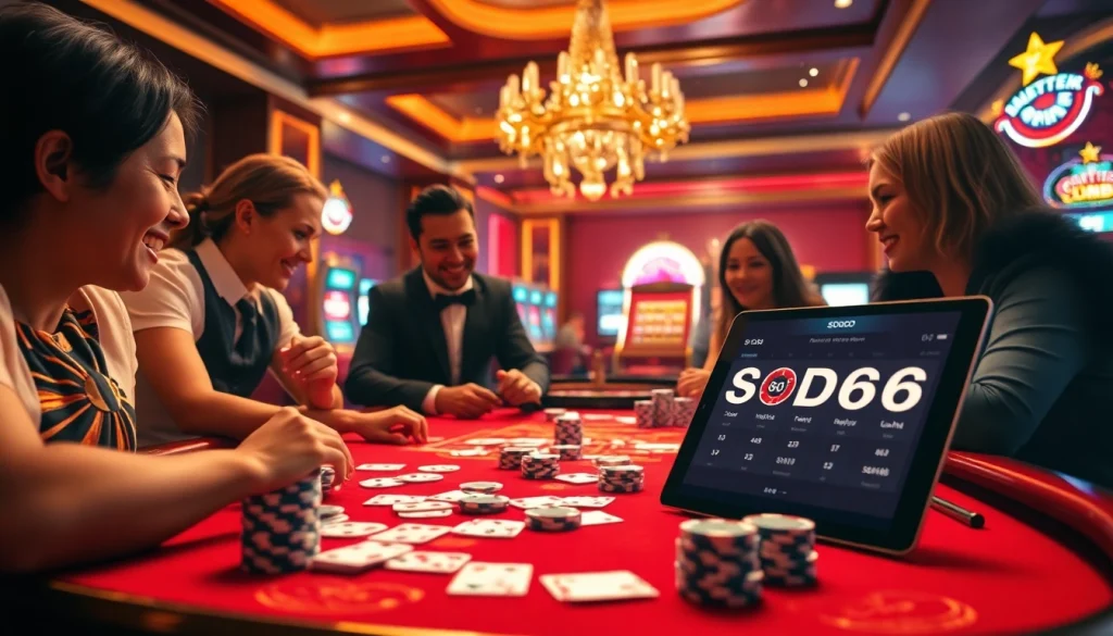 SODO66 engaging casino experience with poker chips, cards, and a roulette wheel.