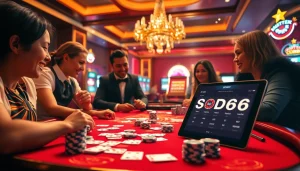 SODO66 engaging casino experience with poker chips, cards, and a roulette wheel.