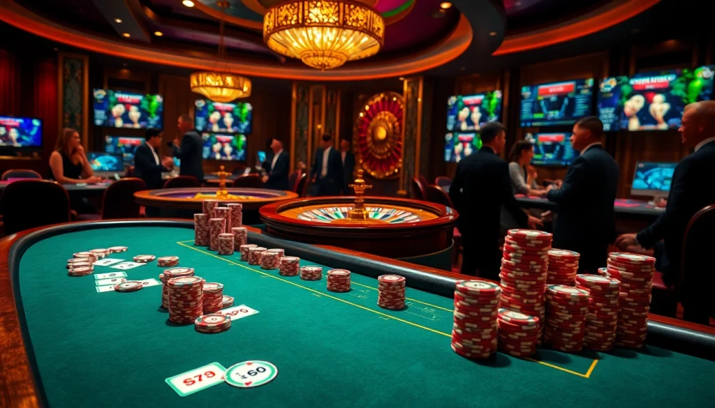 Engage in thrilling casino games featuring s8 highlighted poker chips and vibrant roulette wheels.