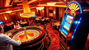 Exciting Luckywin casino scene with roulette wheel and vibrant slot machines.