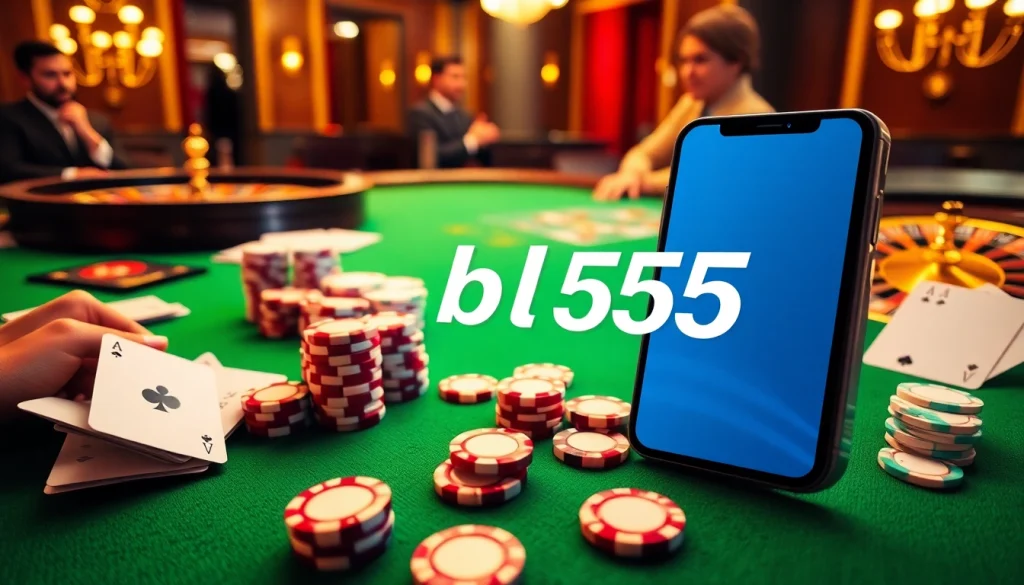 Experience high-stakes poker action at bl555 casino with vibrant chips, cards, and roulette.