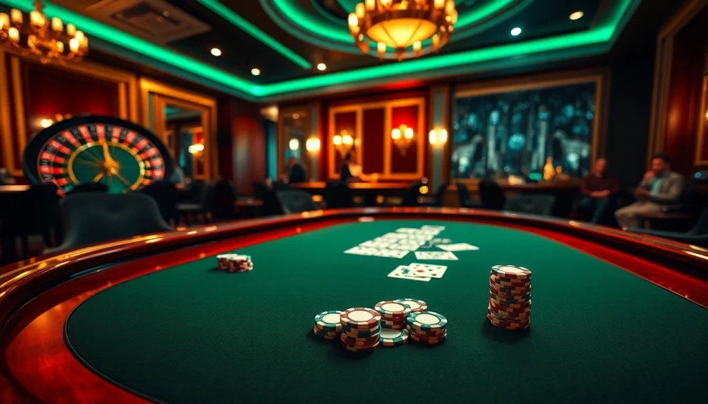 Engaging casino atmosphere with VJ88 poker table setup and vibrant gambling elements.