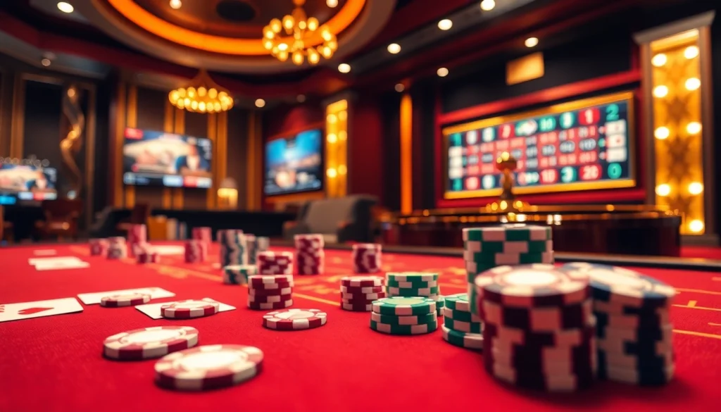 Tải Bomwin with immersive casino visuals showcasing poker games and vibrant betting elements.