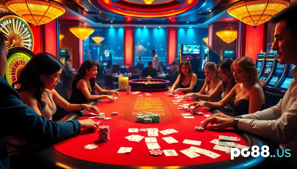 Engage in strategic poker action at https://pg88us.com/, surrounded by luxurious casino elements and vibrant colors.