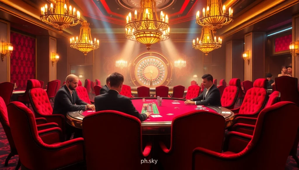 PHSKY players strategizing with vibrant poker chips at an elegant casino table