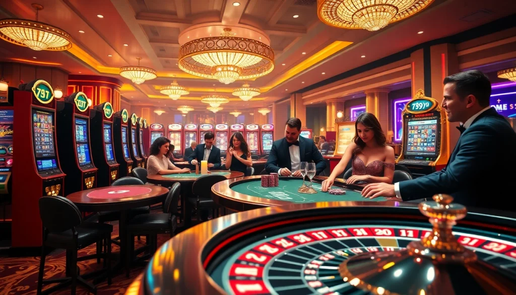 Experience the excitement of 789p with engaging players at luxurious casino tables and vibrant slot machines.