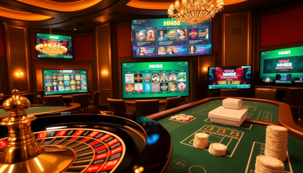 Engaging slot game experience at MM88 casino with roulette and poker tables.