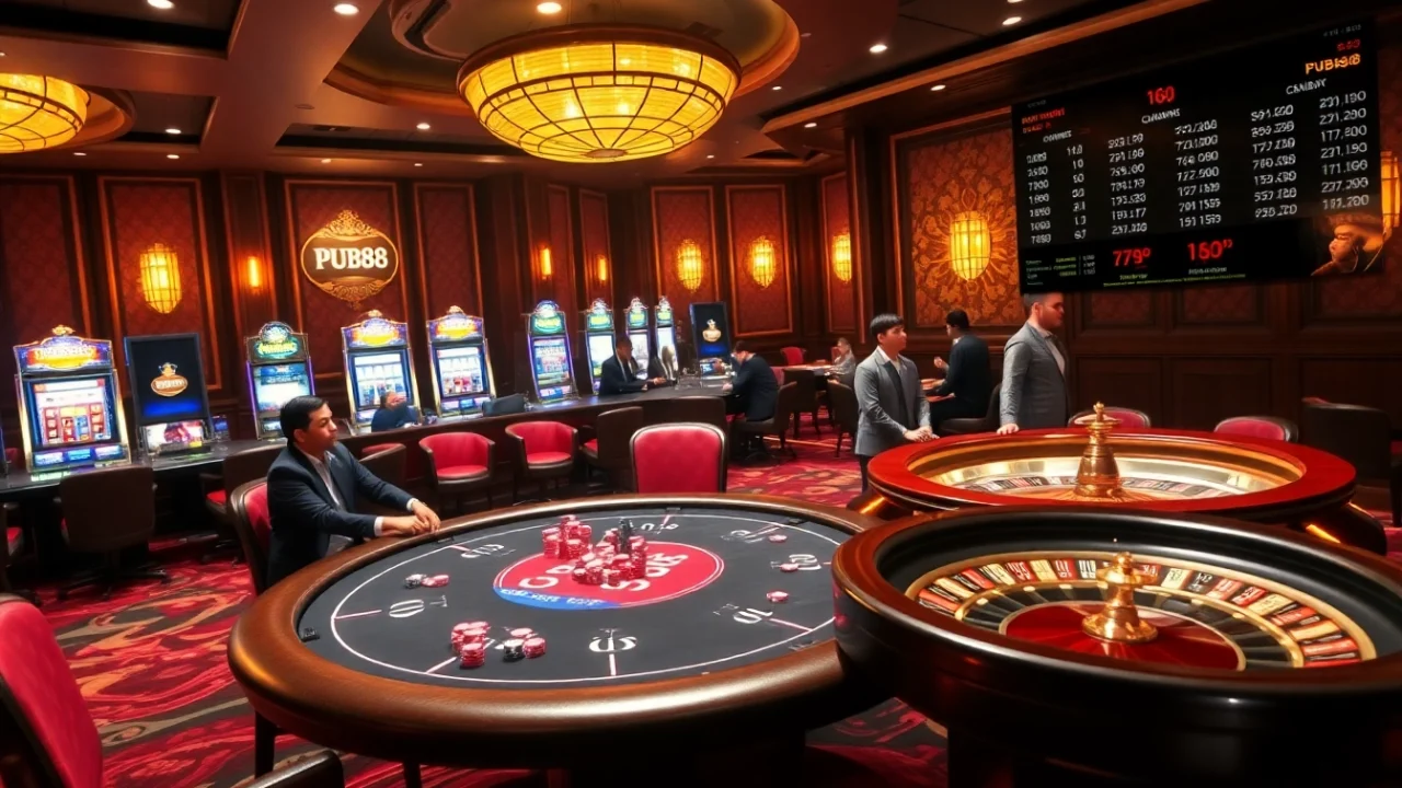 Thrilling gameplay at PUB88 casino with players at poker table and vibrant slot machines.