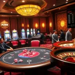 Thrilling gameplay at PUB88 casino with players at poker table and vibrant slot machines.