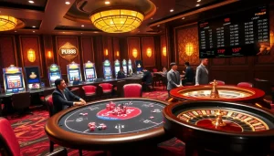Thrilling gameplay at PUB88 casino with players at poker table and vibrant slot machines.