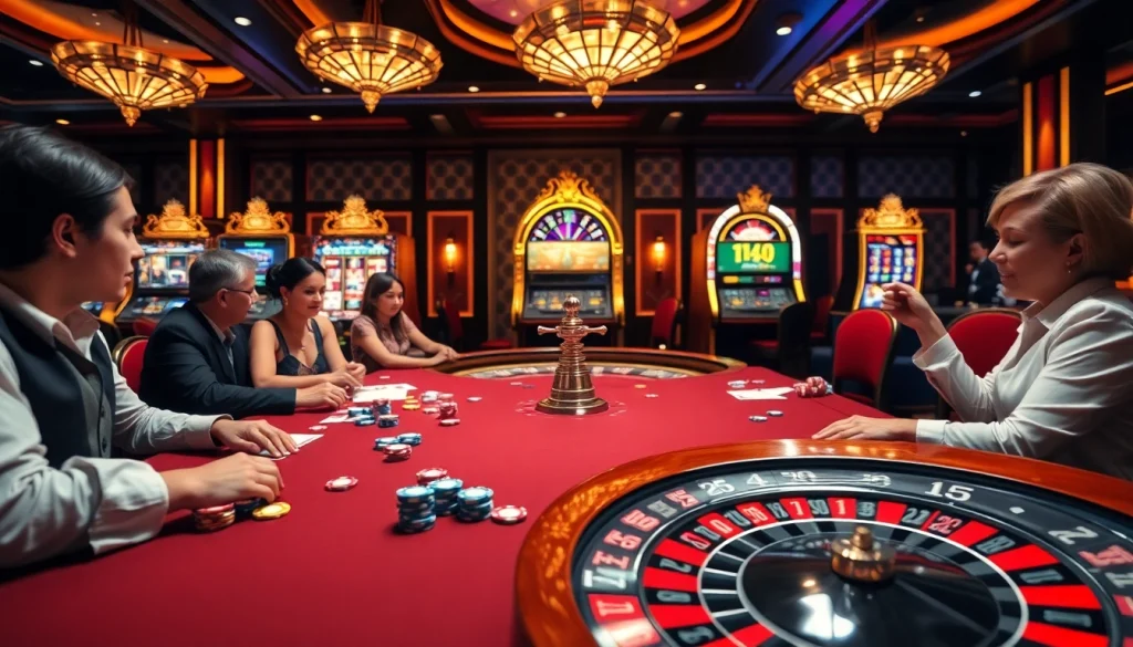 Gambling excitement at ee88 net casino with vibrant poker tables and slot machines