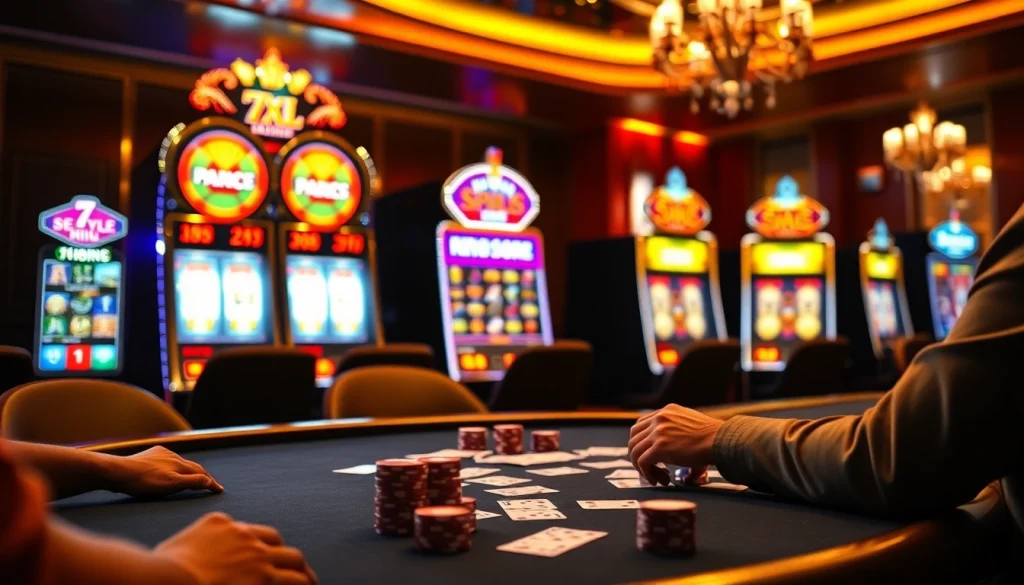 Engaged players enjoying a Texas Hold'em game on the 7xl platform in a luxurious casino setting.