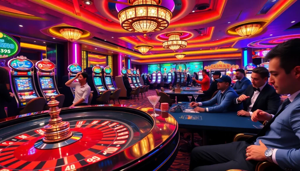 Engaging casino atmosphere at LV88 with roulette, cards, and excited players.
