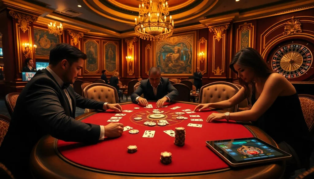 Experience high-stakes poker at 68win net with vibrant chips and elegant players, showcasing casino excitement.