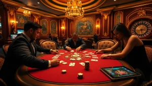 Experience high-stakes poker at 68win net with vibrant chips and elegant players, showcasing casino excitement.